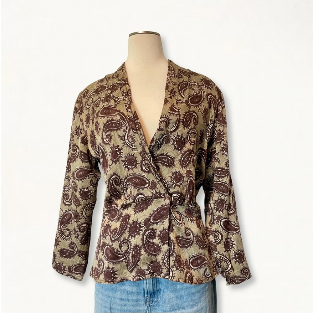 SOLD Vintage 1990s Neutral Tan + Brown Paisley Print 100% Silk V-Neck Blouse